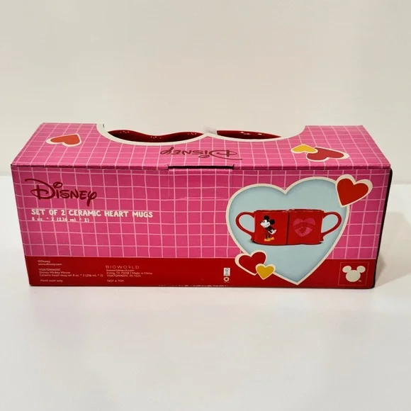 Disney Classic Mickey & Minnie Interlocking Heart Mug Set Couples Gift in Box - Picture 5 of 8